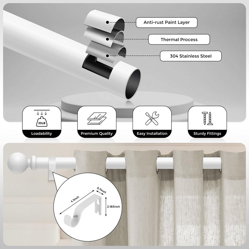 Wolistsa 2 Pack White Curtain Rod, 1 Inch Adjustable Heavy