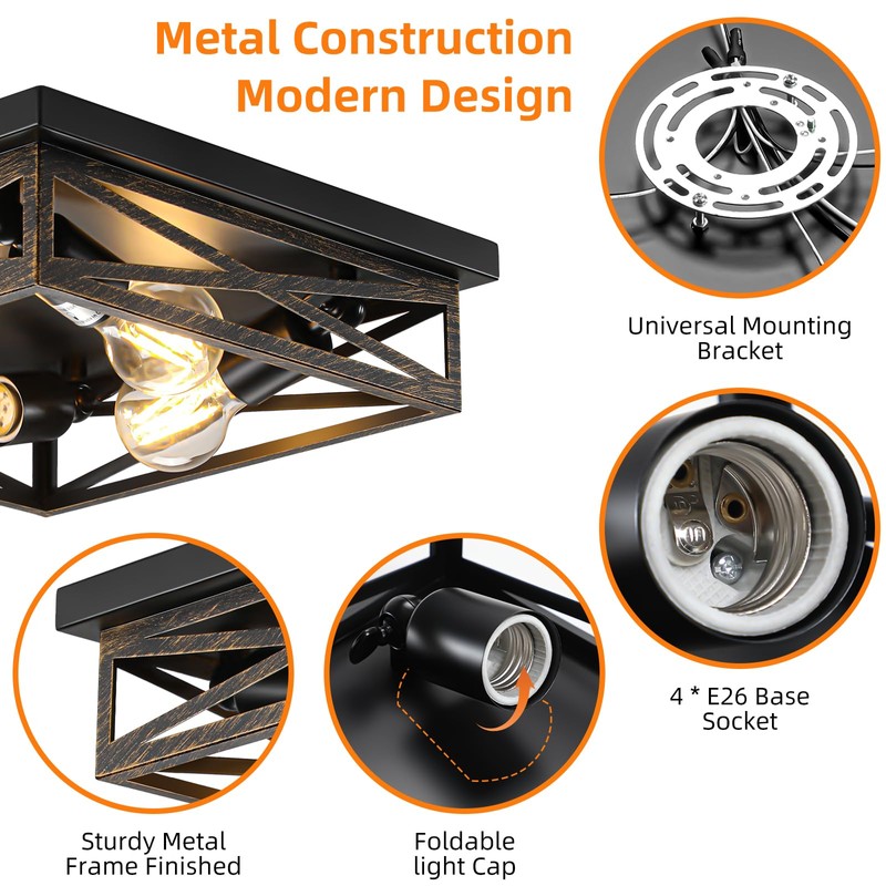 DIKAIDA 2 Pack Rustic 4-Light Kitchen, Hallway Flush Mount Light