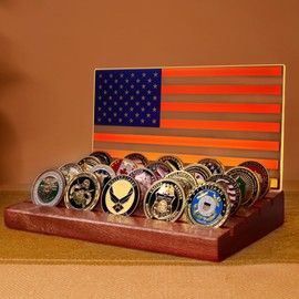 Lampeez Light up Challenge Coin Display, Coin Holder American Flag with Warm White Color Ligh Solid Wood Challenge Coins Stand 4 Row Holder Wooden Rack Gift for Military Army for Him Father