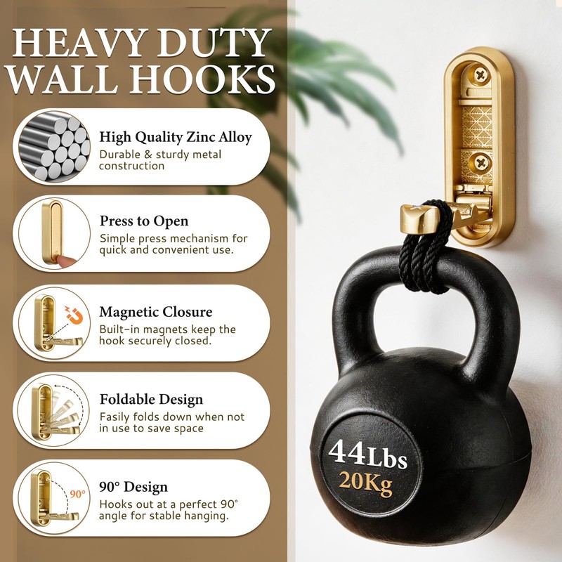 Folding Wall Hooks, 2 Pack Gold Heavy Duty Coat Hooks,