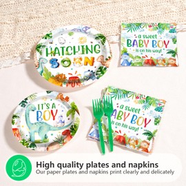 Grencian 96Pcs Dinosaur Baby Shower Decorations Watercolor Dinosaur Plates and Napkins Disposable A Sweet Baby Boy Is On The Way Tableware for Dino Baby Shower Its a Boy Party Supplies, Serves 24