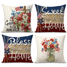 FUYUCHEN 4th of July Memorial Day Pillow Covers 18x18 Inch Set of 4 God Bless America Stripes Mason Jar Flowers Cross USA Flag Patriotic Independence Day Throw Pillow Cases for Sofa Couch Decorations