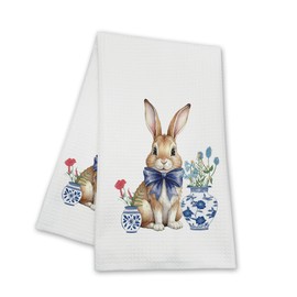 Isfvqyub Happy Easter Kitchen Towels, Blue and White Bunny Hand Towels for Bathroom Farmhouse Home Apartment, Chinoiserie Ceramic Bow Dish Towel Gifts for Women Men Hostess Friends -05
