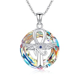 ABIGY Ankh Chain 925 Sterling Silver Eye of Horus Pendant Necklace Egypt Jewellery Gift Egyptian Cross Pendant for Women, Sterling Silver, Crystal
