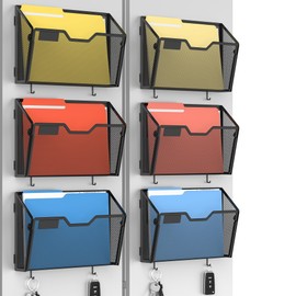Docnest 6 Pack Magnetic Wall Mounted File Holders,Mesh Letter Organizer with Hooks, Magnetic Hanging Mail Paper Document Organizer for Office, Home, School, Black