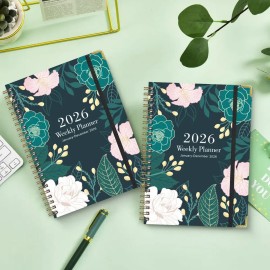 Agenda 2026 Diaria y Semanal A5 con Pasta Dura, Planificador de Flores Verde
