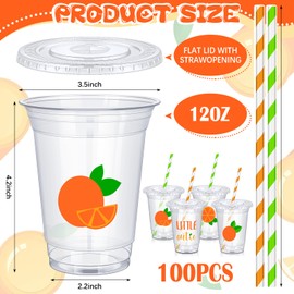 meekoo 100 Pack 12 oz Clear Disposable Little Cutie Baby Shower Cups Orange Party Disposable Plastic Cups with Paper Straws and Lids Orange Party Supplies for Birthday Baby Shower Drinkware Decoration