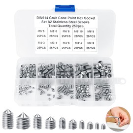 Grub Screw Taper Tip 250 Pieces M3 M4 M5 M6 M8 Grub Screws Assorted, Stainless Steel Worm Screw Hex Socket Grub Screw Set for Door Handles Electronic Machines Lights (Silver)