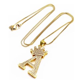 Collar Letras Inicial Corona Acero Inoxidable Con Zirconias
