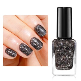 Nailshion Black Glitter Nail Polish Fast Air Drying Regular Nail Polish Sparkly Shimmer Black Nail Lacquer High Shine Toe Fingernail Polish Nails Art Salon Manicure at Home Gift for Women Girls