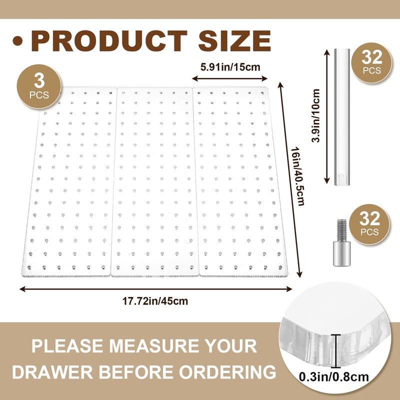 Kigley 3 Pcs Acrylic Pegboard Drawer Organizer with 32 Pegs