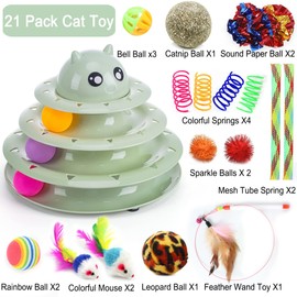 Suhaco 21 Pack Cat Toys for Indoor Cats Interactive Kitten Toy Fun Roller 3 Level Cat Ball Toys with Catnip Ball Self Play Cat Feather Wand Kitty Toy for Boredom (Green)