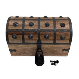 Handmade Wooden Pirate Treasure Chest with Lock & Key - Includes Nautical Accessories: Compass, Spyglass, Captain's Whistle, Ship Wheel, Hourglass, and More (Medium 11 x 6 x 6.75)