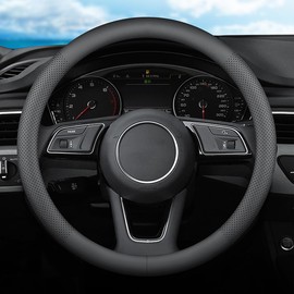 XHRING Car Steering Wheel Cover for Jeep Wrangler JL JK Gladiator Renegade Compass Grand Cherokee/Cherokee Patriot 4XE Rubicon Sahara JKU Mojave X Sport S TJ XJ Accessories, 2024 Leather Black