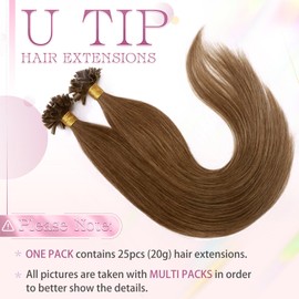 Elailite Real Hair Bondings Hair Extensions Brown U-tip Keratin Hair Extension Straight 25 Strands 20 g 35 cm #6 Medium Brown