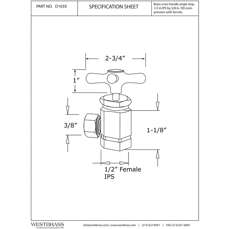 Westbrass D103X-62 Cross Handle Angle Stop Shut Off Valve, 1/2"