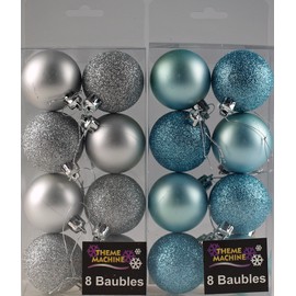 DP Set Of 16 Ice Blue And Silver Christmas Tree Baubles Decorations