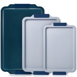 BRONYPRO Non Stick Ceramic Baking Sheet Pan Set of 3, Natural Non Toxic Cookie Sheets for Baking - PFOA, PTFE Free, Heavy Duty Aluminized Steel Oven Trays for Cooking with Silicone Handles, Navy
