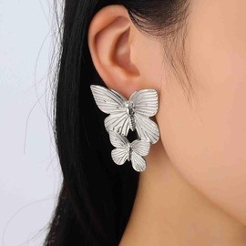 Aneneiceera Vintage Large Butterfly Earrings Dangle Exaggerated Butterfly Stud Earrings Gold Hammered Butterfly Earrings Punk Textured Butterfly Earrings Jewellery for Women, Zinc, No Gemstone
