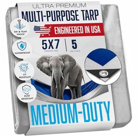 5x7 Tarp Waterproof Plastic Tarp with Grommets Every 18 Inches - 5 Mil - Multipurpose Water Proof Rain Cover, Outdoor, Garden, Camping, Emergency Survival (Reversible Tarpaulin, Blue and Silver)