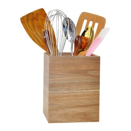 Spiretro Acacia Wood Kitchen Utensil Holder & Organizer – Countertop Cutlery Storage for Cooking Utensils, Spoons, Spatulas, Forks, Whisks & Knives – Lead-Free Lacquer, 5" W x 5" D x 6.5" H