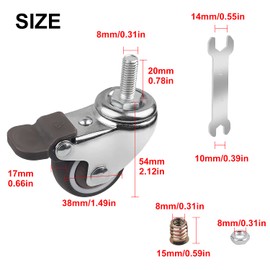 DBREAKS 38 mm Swivel Castor, 4 x Transport Castors, M8 x 15 mm Swivel Castor with Thread, Furniture Castor with Brake Made of TPE, Capacity 88 kg Total, Rubber Castor for Small Devices