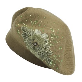 ZLYC Women's Wool Beret Classic French Beret Warm Beret Hat, Flower Olive Green