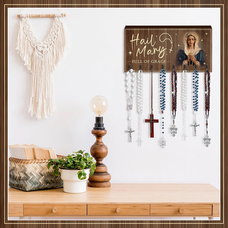 Colingmill Large Wooden Rosary Holder Wall Mounted with 8 Hangers