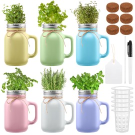 Vesici 6 Set Mason Jar Plant Germination Kits Hydroponic Herb Garden Planter Indoor Seed Pods Kit Countertop Self Watering Glass Planter with Net Pot for Herbs Flowers