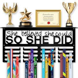 Medal Hanger Display with Trophy Shelf, Sturdy Metal Awards Rack Holds 70+ Medals, Easy Wall Install Medal Holder, She Believed She Could So She Did, Holds 20lbs, Inspirational Gift for Women