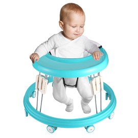 Adjustable Baby Walkers for Baby with Easy Clean Tray, Universal Wheeled Walker, Anti-Rollover Folding Walker for Girls Boys 6-18Months Toddler (Blue)