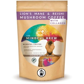 Mushroom Coffee with Lions Mane - Dark Roast. Adaptogenic Coffee Super Blend 150g – Ground - With Reishi, Collagen, Raw Cacao & MCT Oil Artisanal for Clarity, Focus & Energy - The Mindful Brew Co