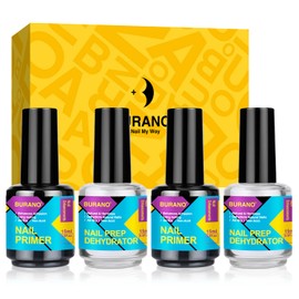 BURANO Natural Nail Prep Dehydrator and Primer for Acrylic Nails and Gel Polish, Long Lasting Acid Free Acrylic Nail Primer No Burns Bonding Primer (0.5 oz 4 Bottles)
