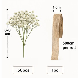 ARYIMYDP Fiori Secchi Decorativi 50 Steli di Gypsophila Bianca, con Corda di Iuta 5 Metri, Fiori Finti per Decorazioni, Per Artigianato Resina e Confezione Regalo