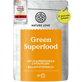 Nature Love NATURE LOVE? Green Superfood - 300g - 15 Superfoods und 2 Vitalpilze - u.a. mit Gerstengras, Spirulina & Moringa - Greens Pulver ohne Aromen, S?stoffe oder zugesetzten Zucker - vegan & laborgeprft