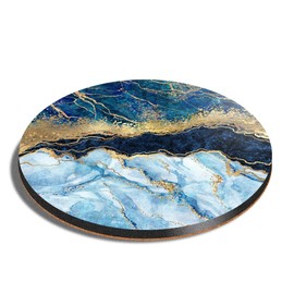 1 x Round Coaster - Marbled Art Effect Blue Gold Marble Cork Backed MDF Glossy Tea Coffee Accessory #21152
