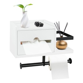 WATUNID Wood Toilet Paper Holder with Shelf, White Storage Wall Mount Metal Double-end Roll for Bathroom, Bamboo Wet Wipes Dispenser Organizer, Simple Temporary Desktop