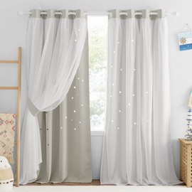 NICETOWN Natural Curtains for Living Room Bedroom Farmhouse Curtains Double Layer Blackout Kids Curtains 84 inches Length Star Cut Out Curtain Drapes for Nursery, 2 Panels, 52 x 84 inches