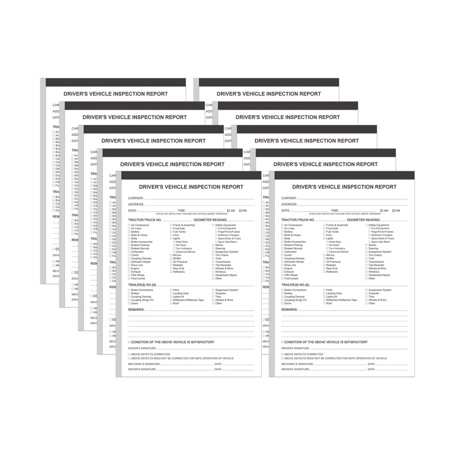 (10-Pack) Detailed Driver's Vehicle Inspection Report Book Format, 2 ...