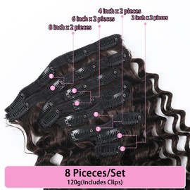 Curly Clip in Hair Extensions Real Human Hair 20 Inch 8PCS 120g Unprocessed Deep Water Wave Double Weft Hairpieces for Women Seamless Clip Ins Extensions Dark Brown