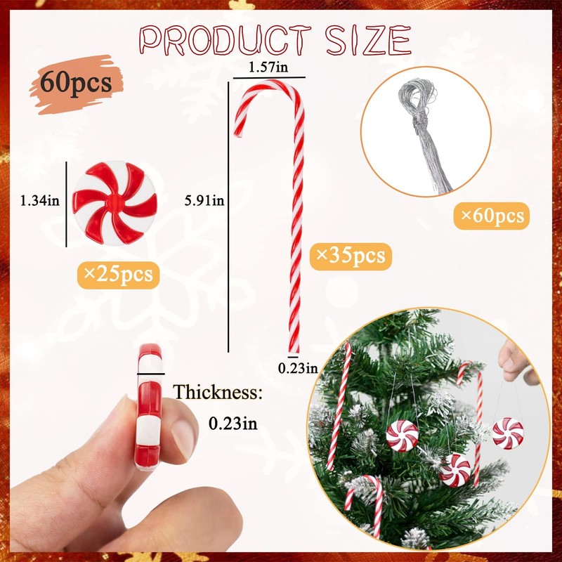 GuassLee 60Pcs Candy Canes Christmas Tree Decorations-Plastic Peppermint Candy Cane