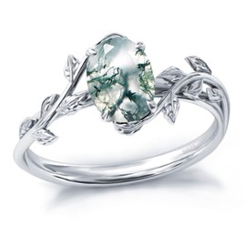 Natural Moss Agate Ring 925 Sterling Silver Opal Birthstone Ring 925 Sterling Silver Leaf Promise Ring for Her Birthday Anniversary Jewelry for Women, Solid 925 Silver, natural moss agate