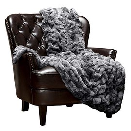 Chanasya Ruched Royal Faux Fur Throw Blanket - Fuzzy Plush Elegant Blanket for Sofa Chair Couch and Bed with Reversible Velvet Blanket (50x65 Inches) Dark Gray