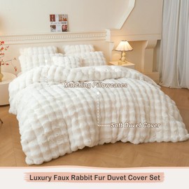 LIFEREVO Luxury Fluffy Faux Rabbit Fur Duvet Cover Set, Soft Ivory Plush Shaggy Bubble Bedding Set Home Decoration, 1 Fuzzy Washable Comforter Cover + 2 Furry Pillowcases, Zipper Closure, Beige, Queen