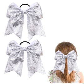 Large Silver Sequin Glitter Cheer Hair Bows,Sparkly Bows Ponytail Holder Elastic Band for Cheerleading Teen Girls College Sports (Silver)