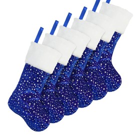 LimBridge Christmas Stockings, 6 Pack 18 inches Glitter Golden Star Print with Plush Cuff, Classic Stocking Decorations for Whole Family, Blue and Silver