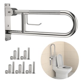 Toilet Grab Bar 22.4 Inch, YuanDe Flip Up Grab Bar with Paper Holder, Polished Chrome Anti-Slip Safety Bars for Toilet, Stainless Steel Knurled Toilet Handles for Seniors Disabled Elderly Pregnant