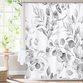MitoVilla Grey Spring Floral Shower Curtain, Modern Plants Botanical Fabric Cloth Shower Curtains for Chic Elegant Bathroom Decor, Summer Watercolor Eucalyptus Leaf, 72x72