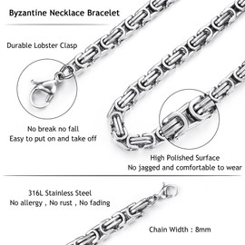 CASSIECA 2 Pieces Chains for Men Byzantine Chain Silver Men's Stainless Steel Wide Necklace and Bracelet Set Thick Heavy Byzantine Chain Bracelet Punk Chain for Men 6/8 mm, Stainless Steel