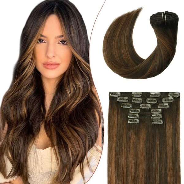 Hair Extensions Clip in Human Hair 20 inch Ombre Dark Brown to Chestnut Brown 7pcs Clip in Human Hair Extensions 120g 100% Real Human Hair Extensions Double Weft No Tangling No Shedding For Women